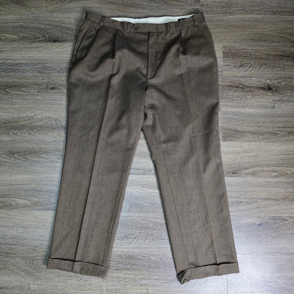 Nautica 42x30 Dress Pants Mens Brown Excellent 100% Wool Pleated Cuffed VH05